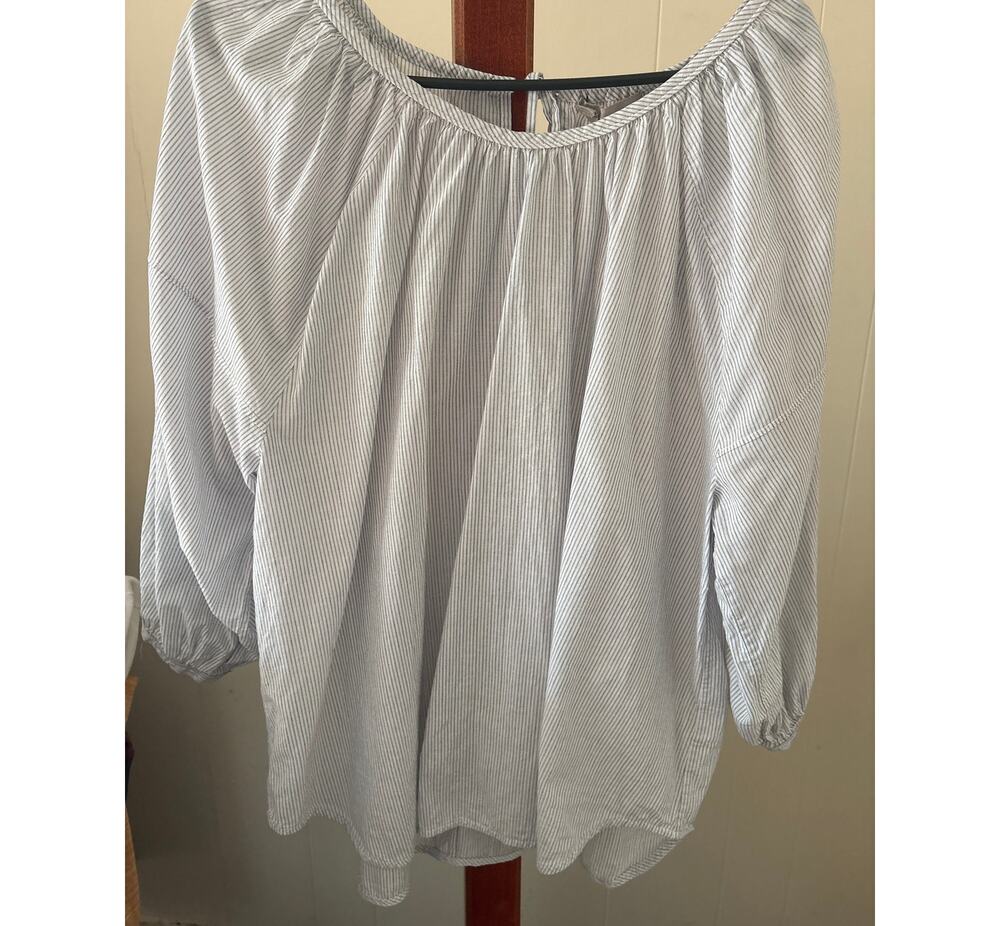 Everlane Gray Pinstripes Ruched Peasant Blouse Sz 16 - Picture 1 of 7